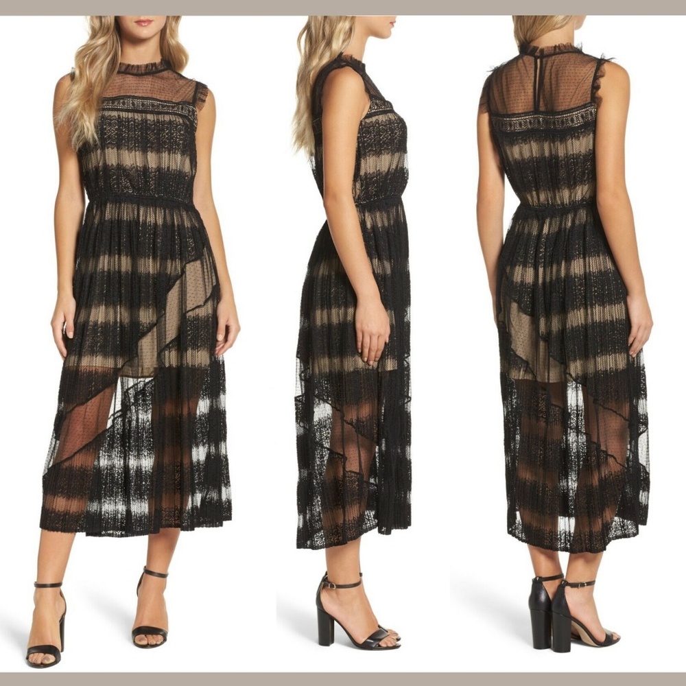 NWT $149 Chelsea28 Mixed Media Lace Midi Dress in Black/Nude‎ [SZ XS ]